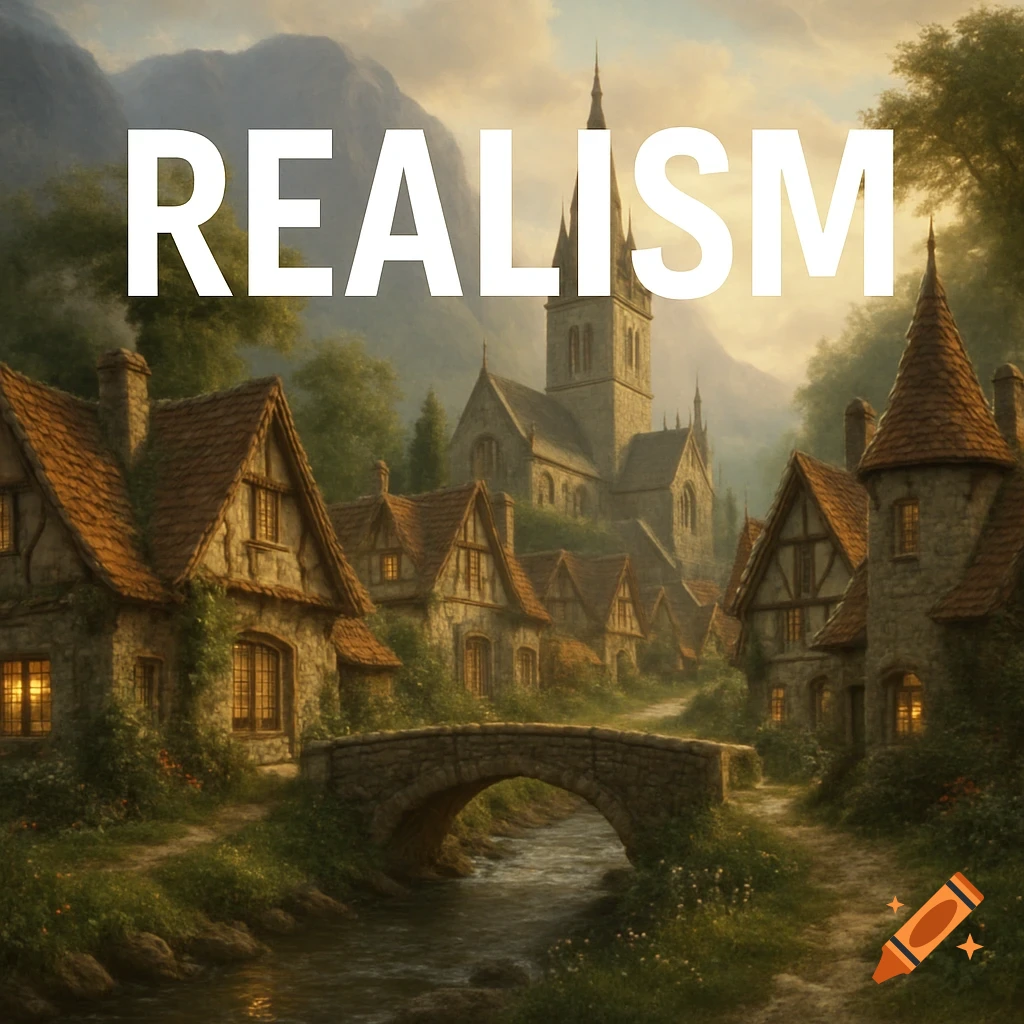 Painting of a fantasy village with cobblestone buildings, a bridge over a stream, and mountains, with the word REALISM superimposed.