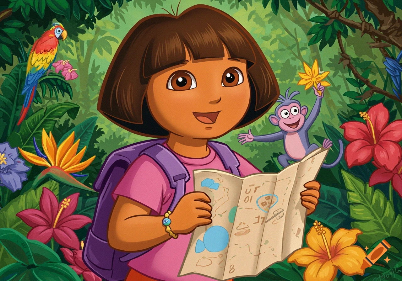 Cartoon girl with a backpack holds a map in a jungle with a monkey, parrot, and flowers.