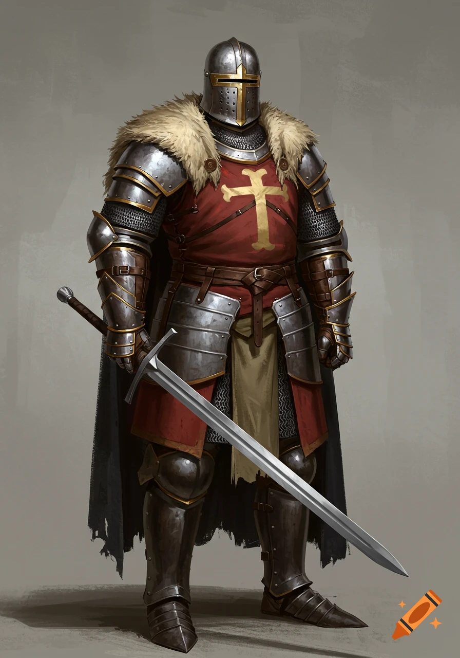 A full-body illustration of a knight in metal armor with a red tunic bearing a golden cross, holding a large sword.