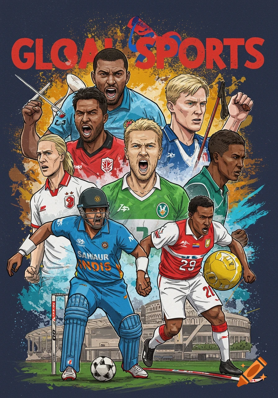 Illustration of diverse athletes from global sports like cricket, soccer, skiing, fencing, and rowing, with 'GLOBAL SPORTS' text.