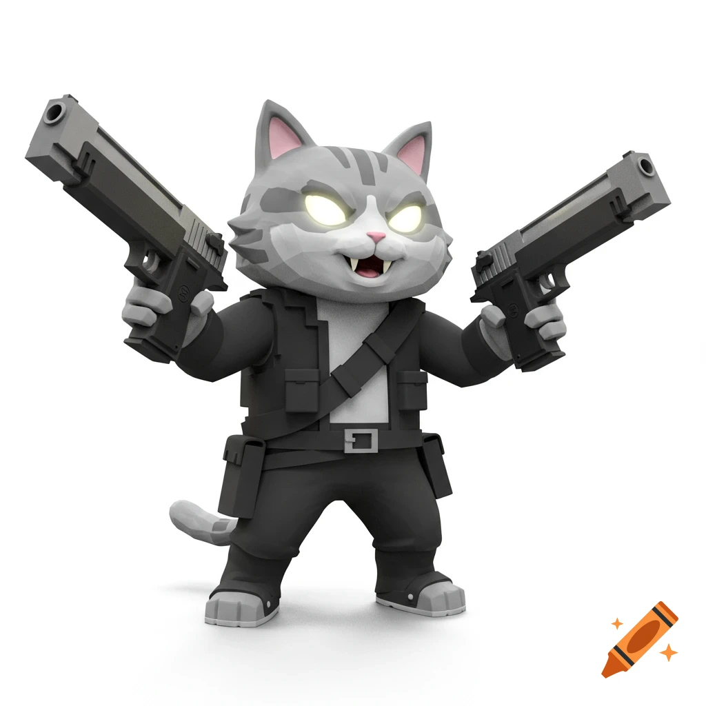 A 3D rendering of a gray and white cartoon cat character holding two large handguns.