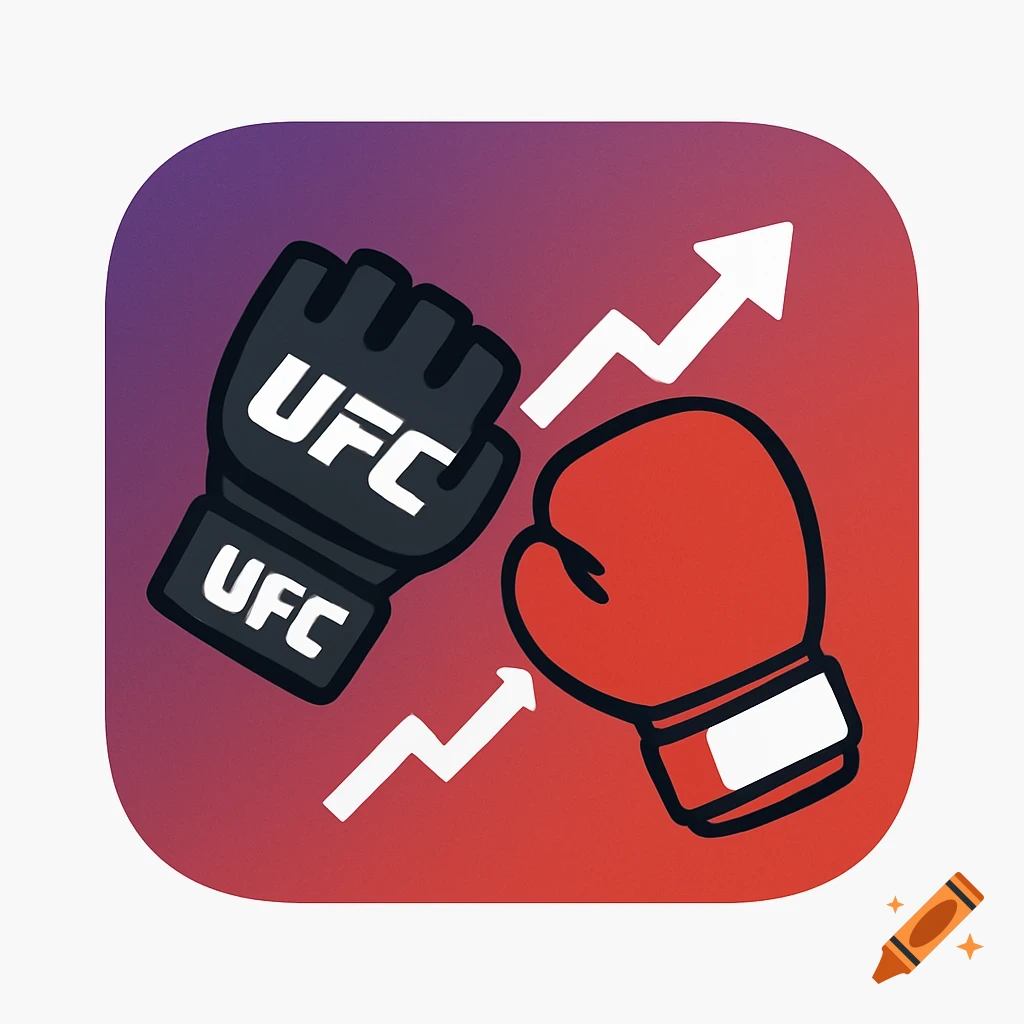 App icon illustration with a black UFC glove and a red boxing glove, crossed with two white upward trending graphs on a purple and red gradient background.