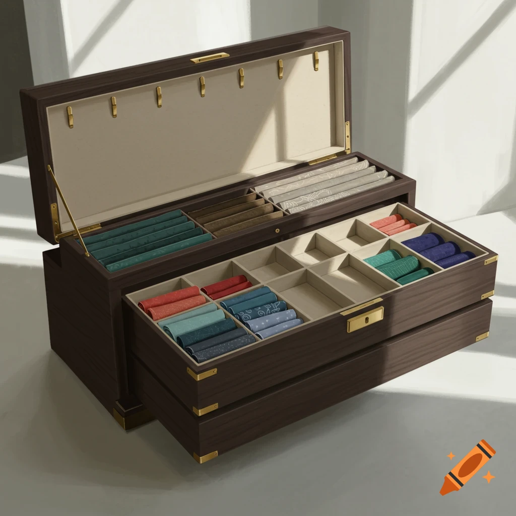 An open wooden jewelry box with drawers pulled out, showing colorful ...