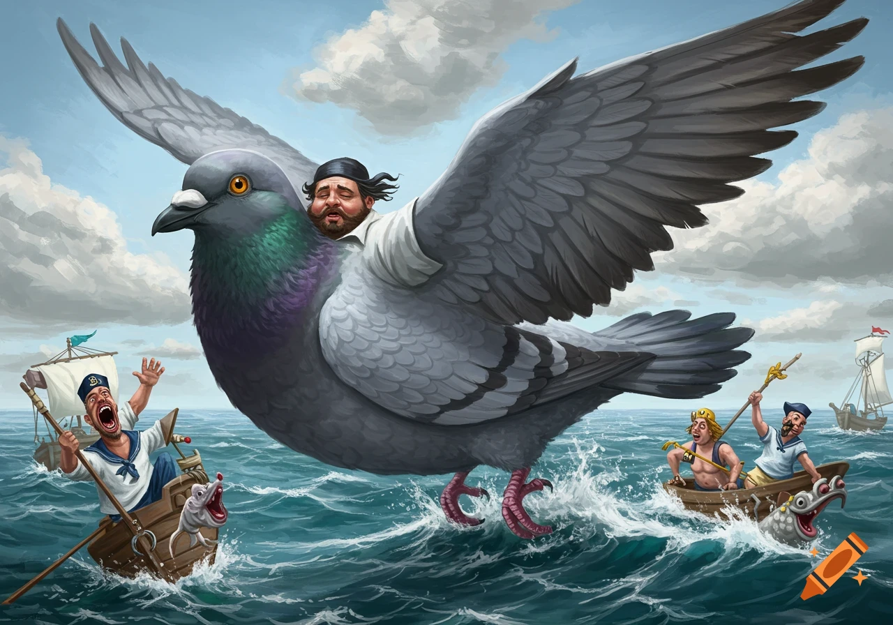 Giant pigeon carrying a man flies over the sea while sailors in boats watch.