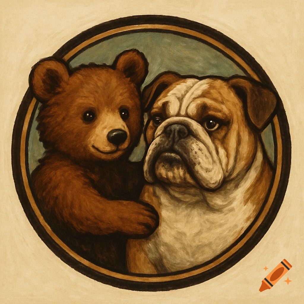Illustration of a bear cub and a bulldog side-by-side within a circle, like a logo.