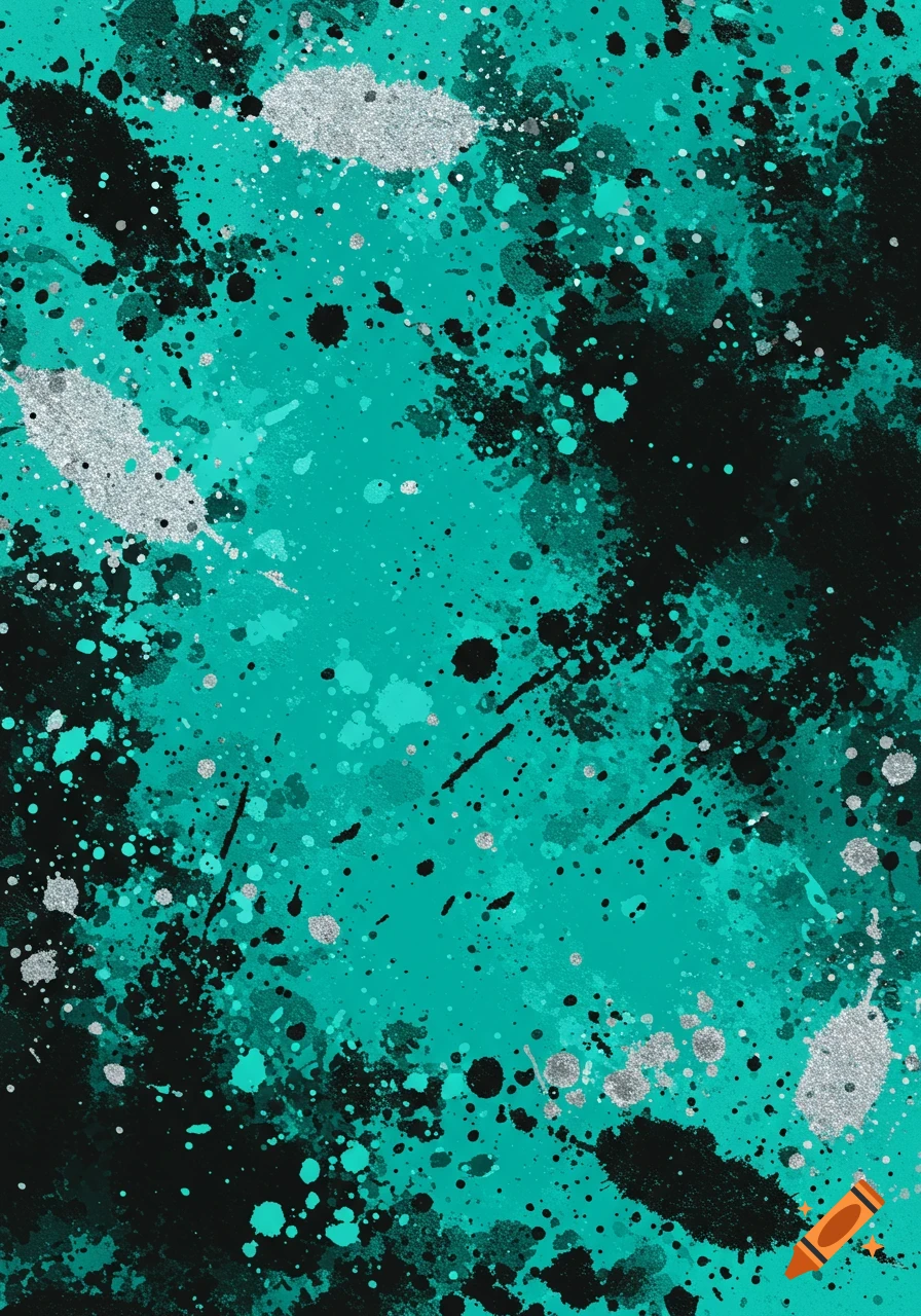 An abstract background of paint splatters in teal, black, and silver.