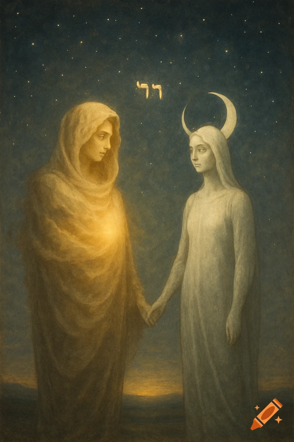 A surrealist painting of two cloaked figures, one glowing gold representing the sun and one pale with a crescent moon representing the moon, holding hands under a starry sky with the Hebrew word 'Chai' glowing above them.