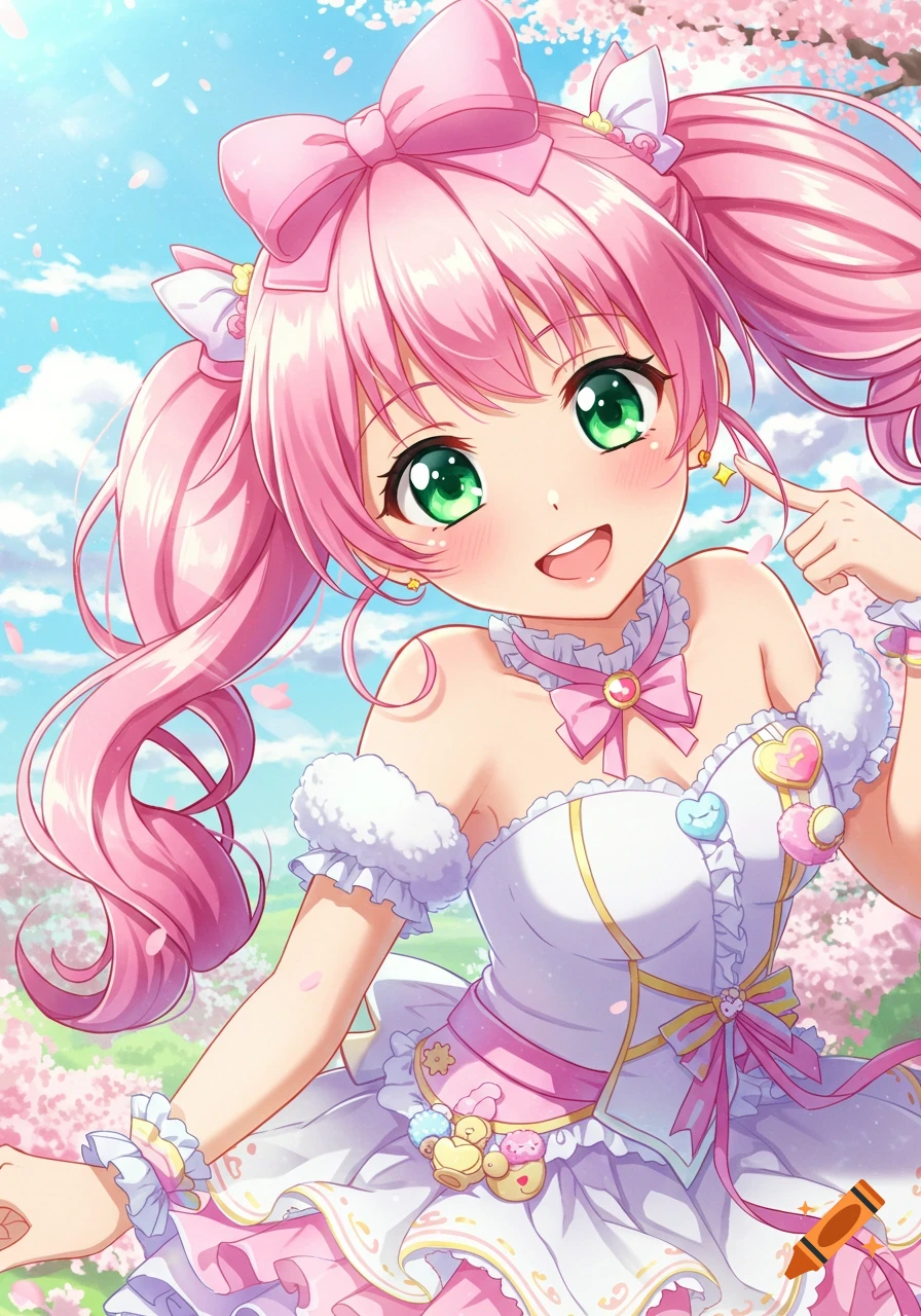Cute anime girl with pink hair and green eyes, smiling in a white dress, standing in front of cherry blossoms.