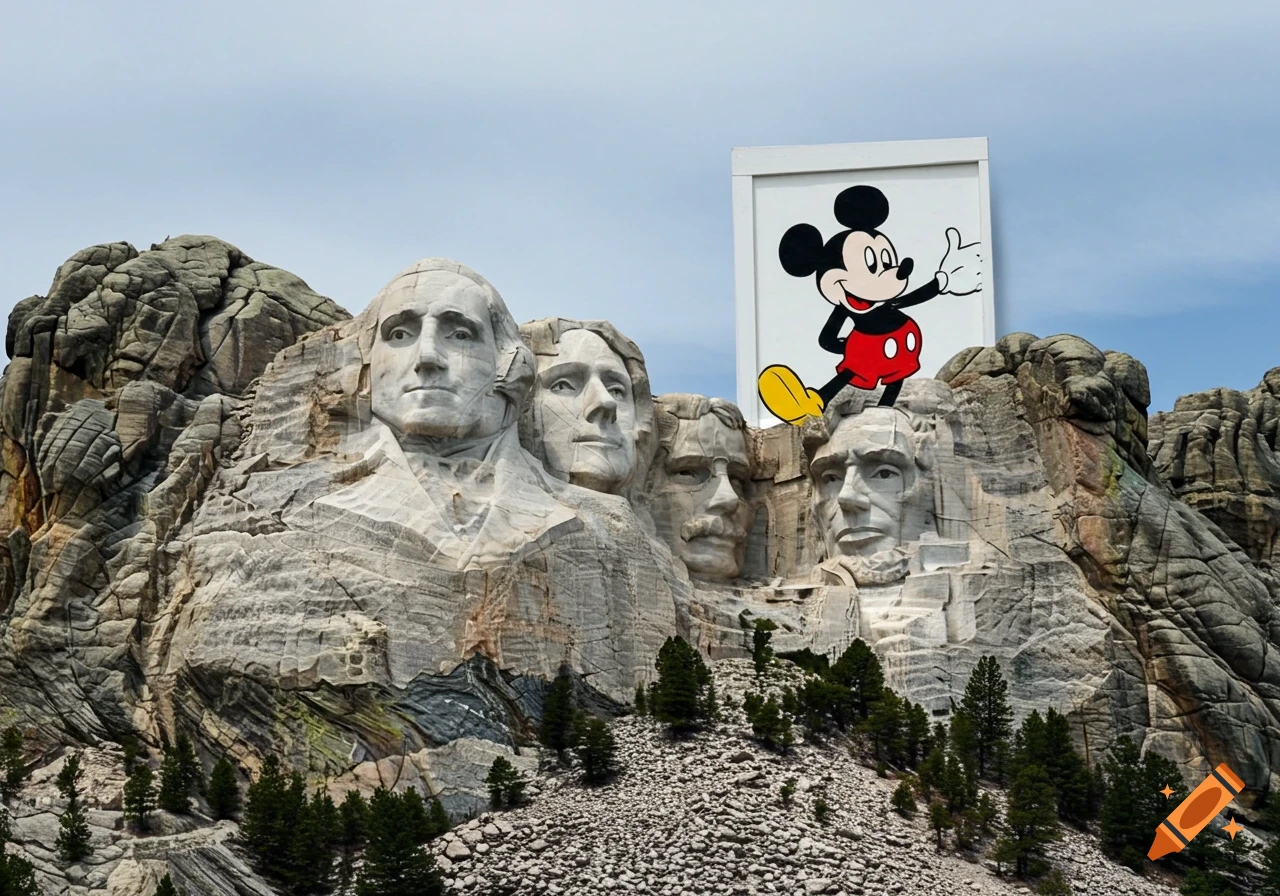 Mickey Mouse stands on top of Mount Rushmore holding a white board.