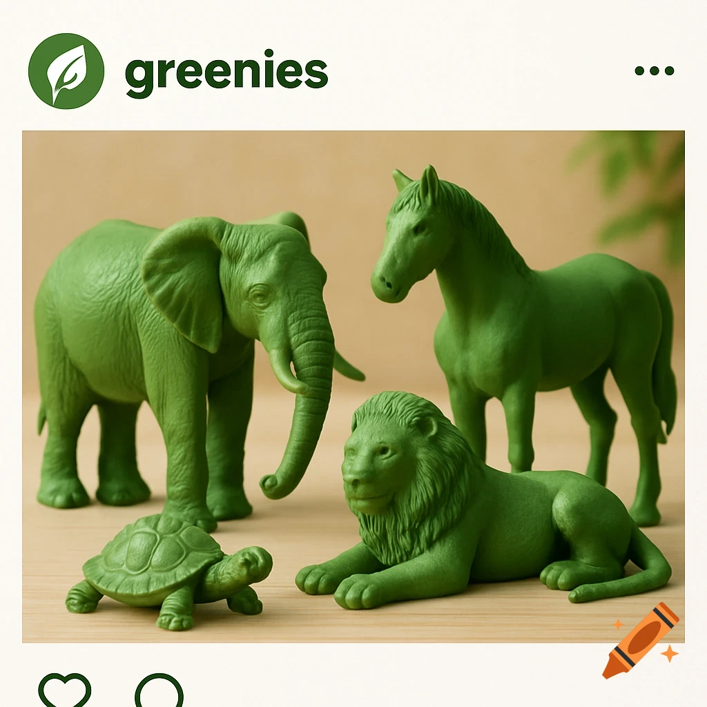 Green toy animals on a surface with 'greenies' logo.
