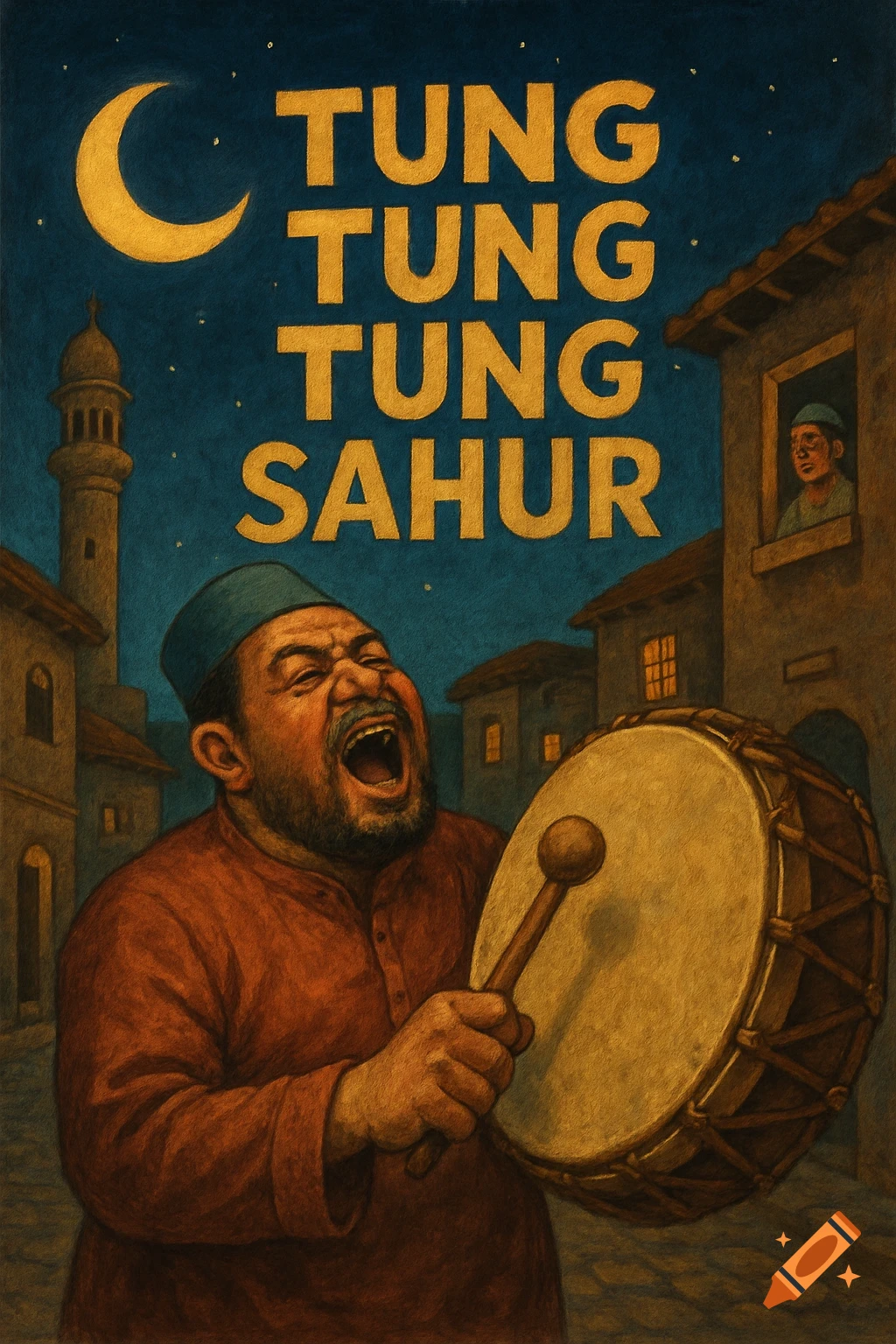 Illustration of a man enthusiastically beating a drum under a crescent moon with text 'TUNG TUNG TUNG SAHUR' above.