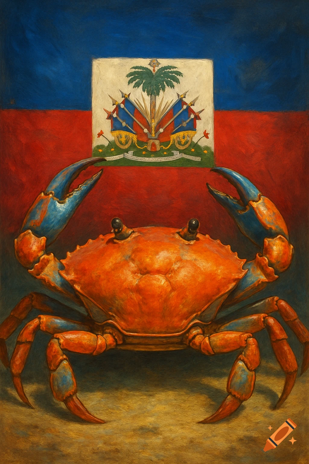 a-painted-orange-crab-stands-in-front-of-the-haitian-flag-on-craiyon