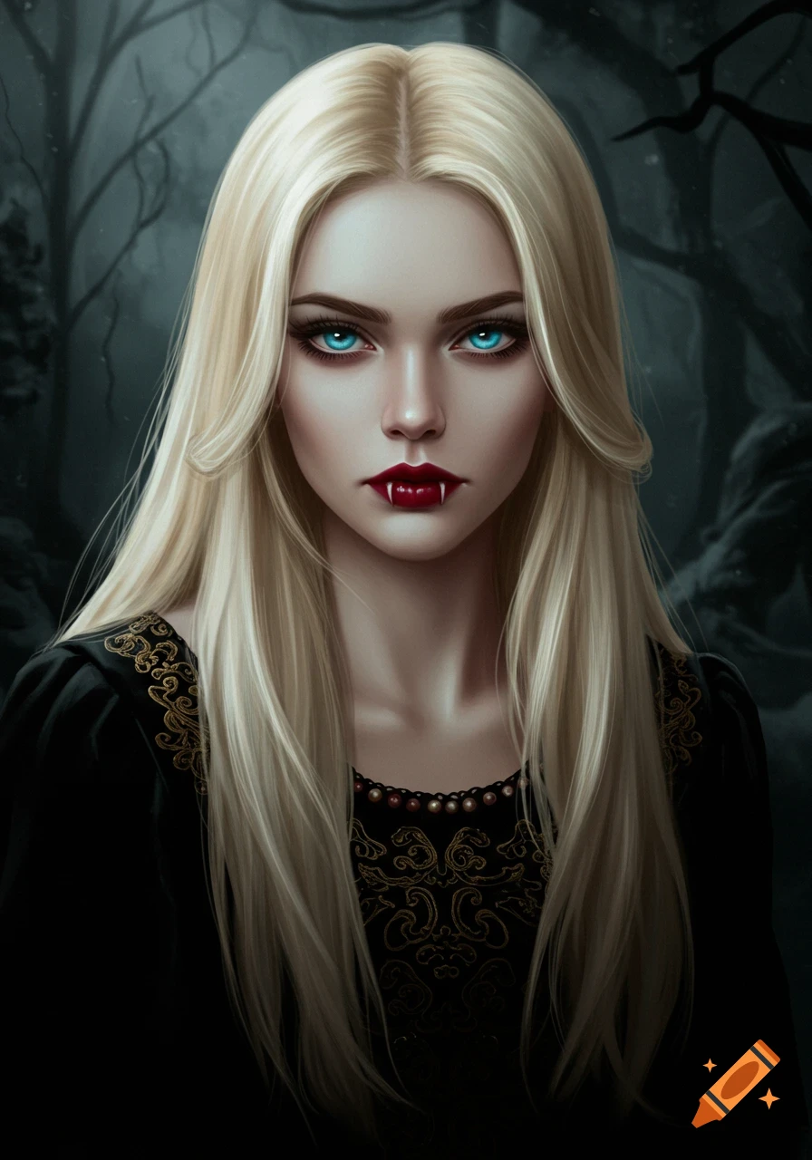 Portrait of a blonde woman with blue eyes and fangs dressed as a vampire.