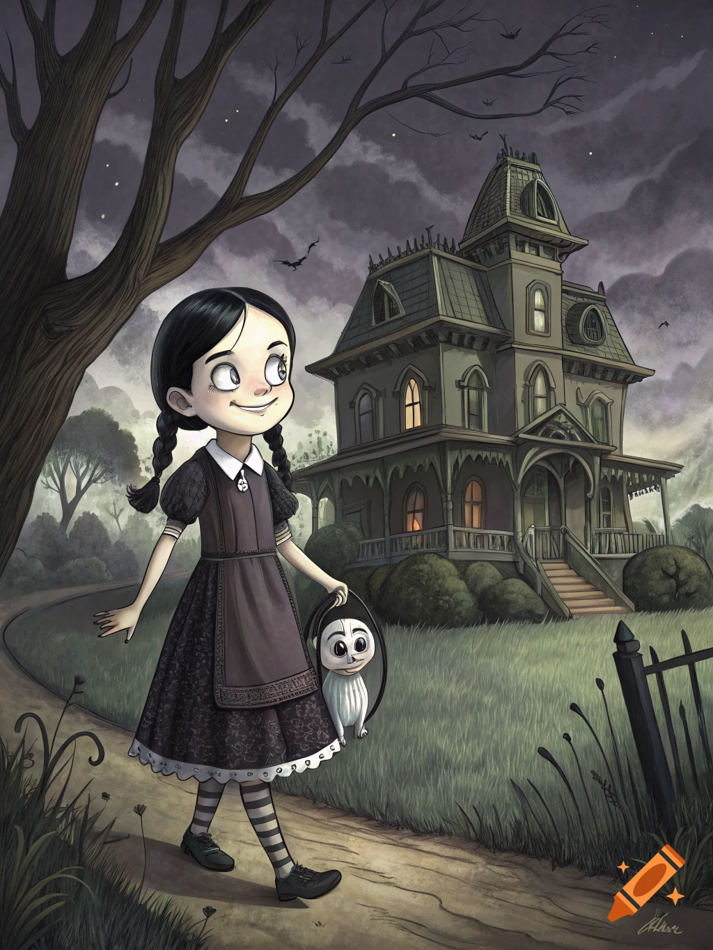 A cartoon girl with braided hair walks on a path towards a spooky haunted house, holding a white toy.