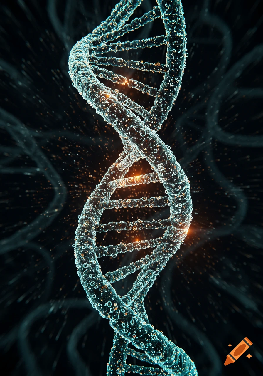 Detailed, glowing DNA double helix structure made of technological elements, against a dark background with sparkling light.