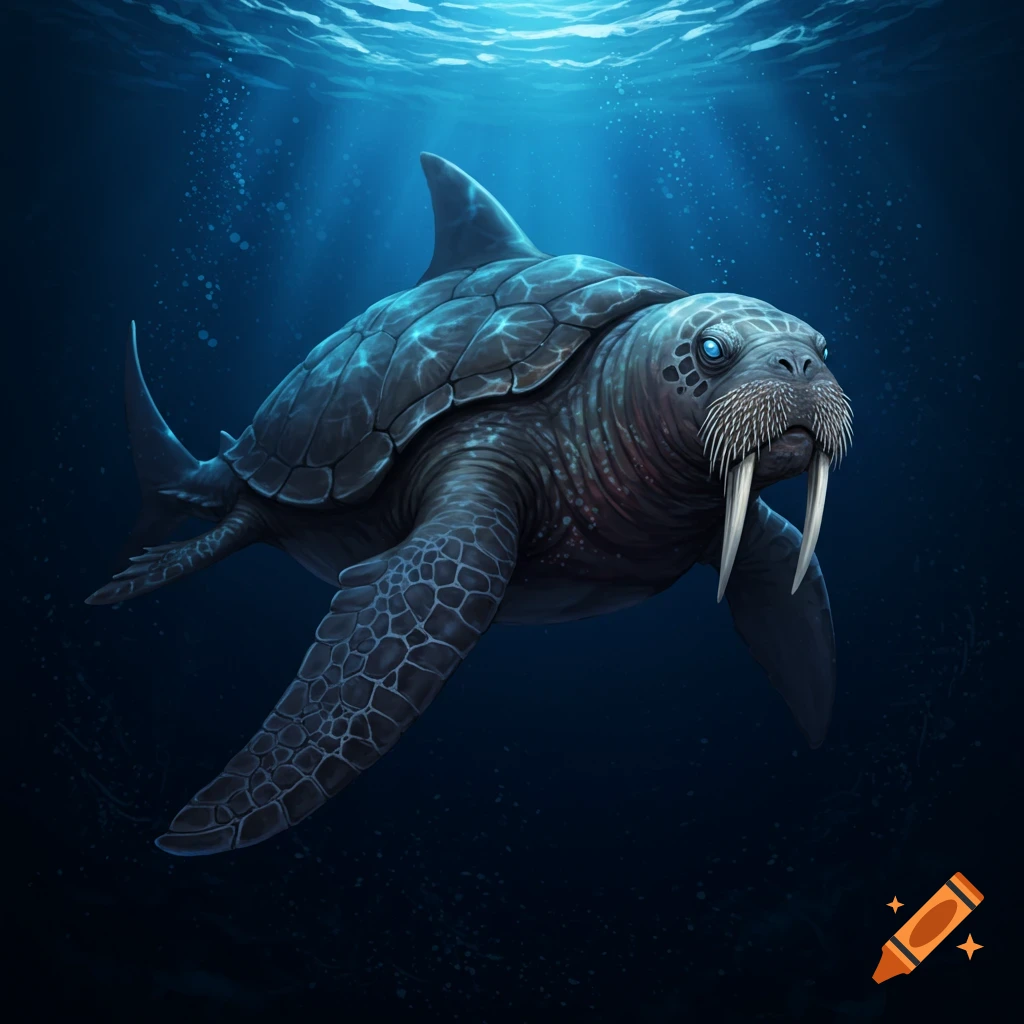 A mythical sea creature blending a shark, walrus, and turtle swims underwater.