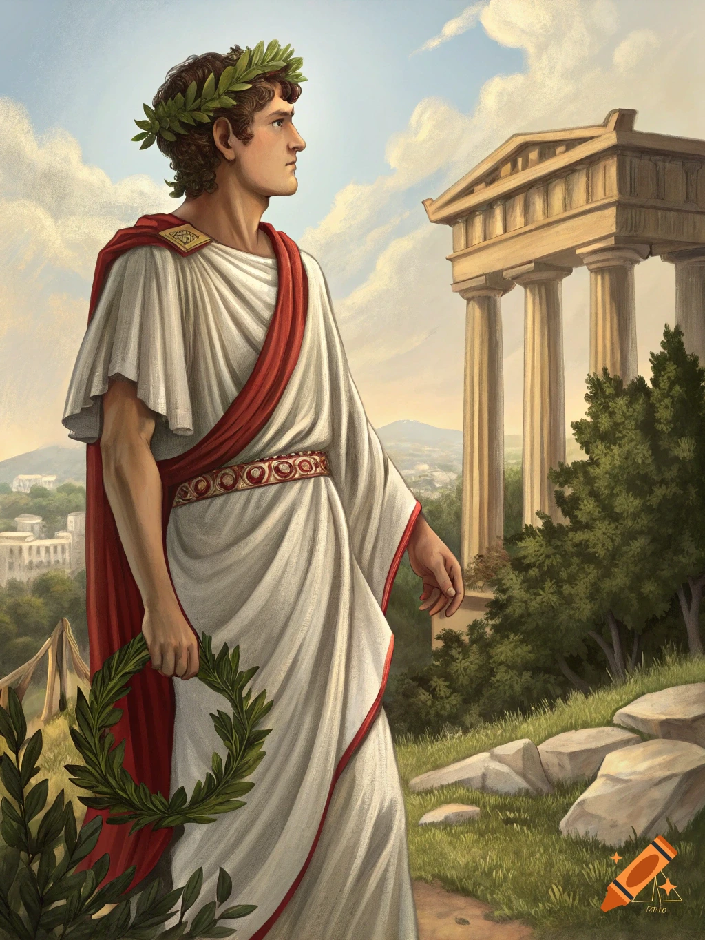 Painting of a man in ancient Greek attire holding a laurel wreath near a temple.