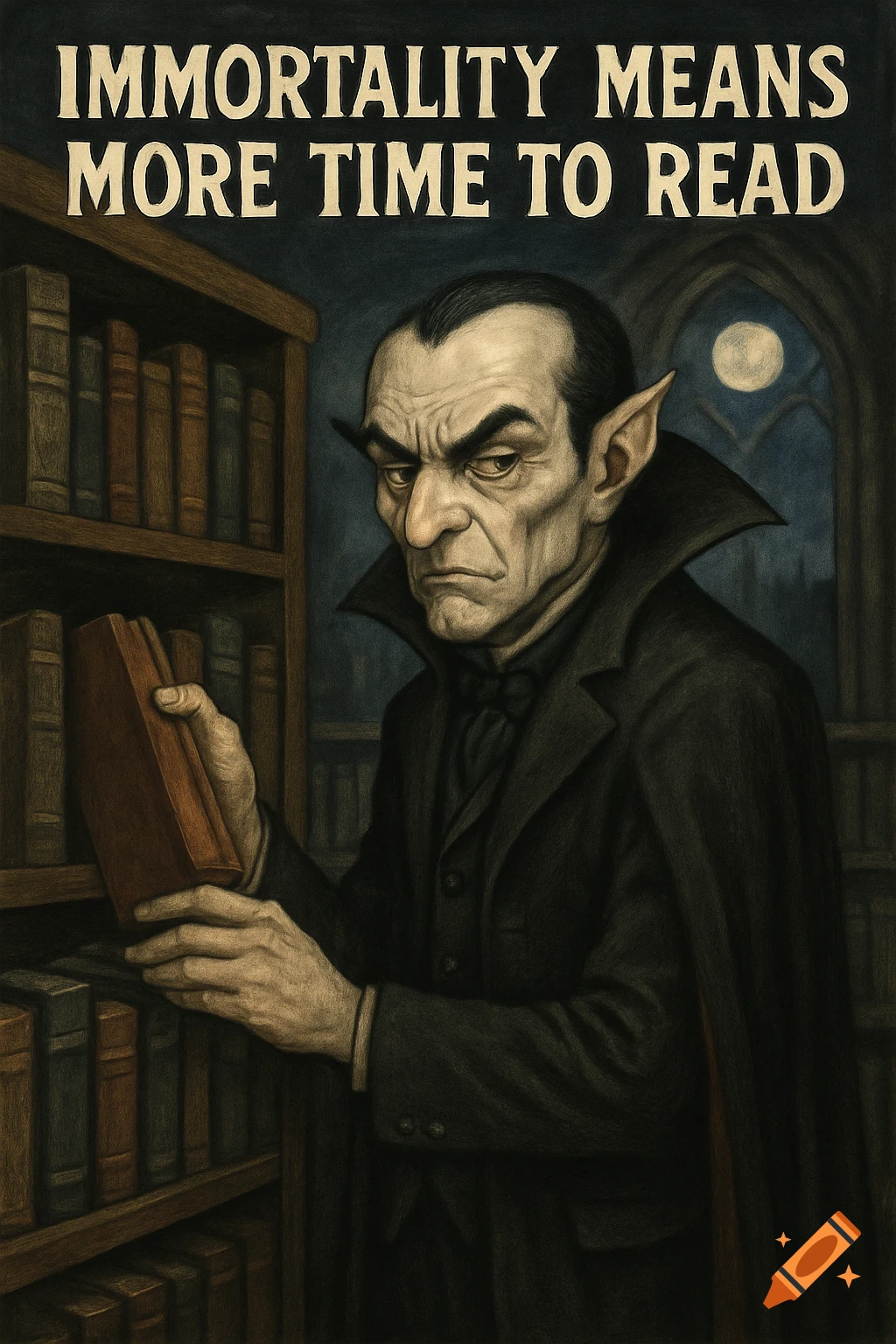A gothic illustration of a grumpy vampire librarian selecting a book from a shelf, with the text 'Immortality Means More Time to Read' above him.