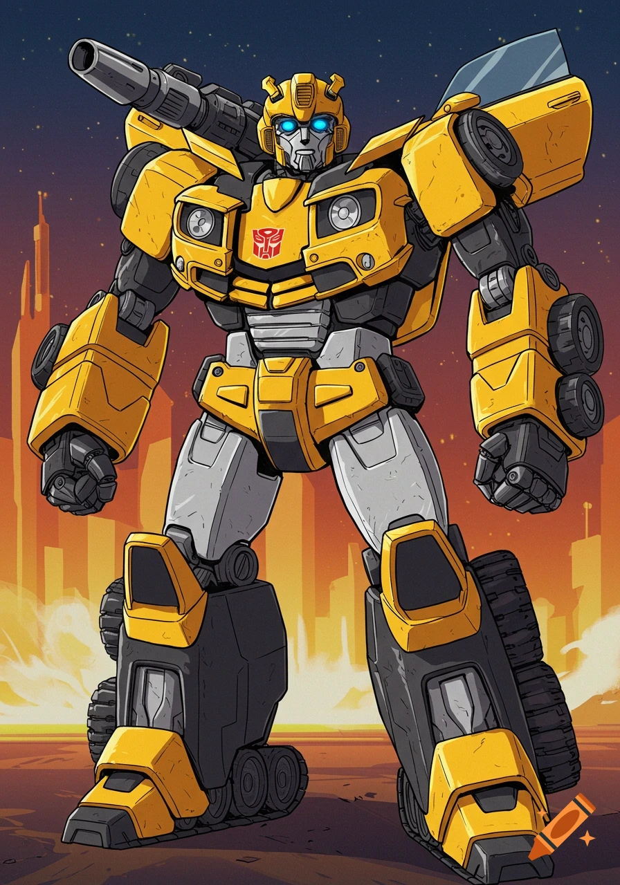 Detailed illustration of the yellow and grey robot Bumblebee standing in front of a city skyline at sunset.