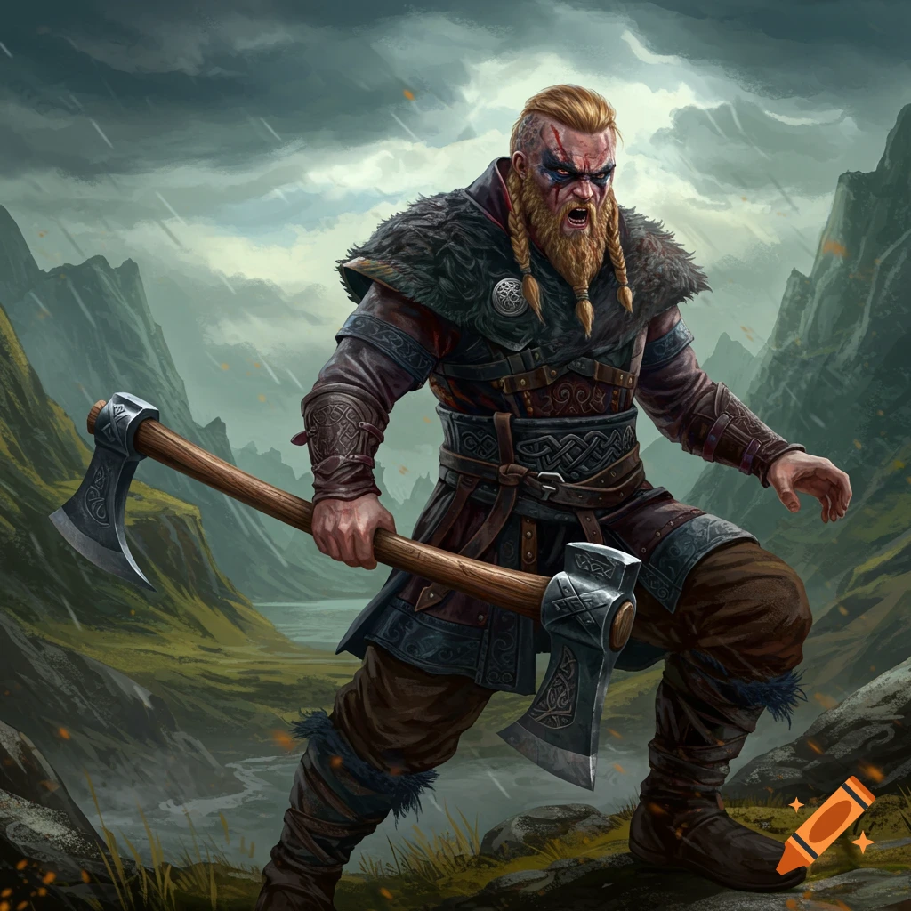 A warrior viking with a braided beard and axe stands in a mountainous landscape.