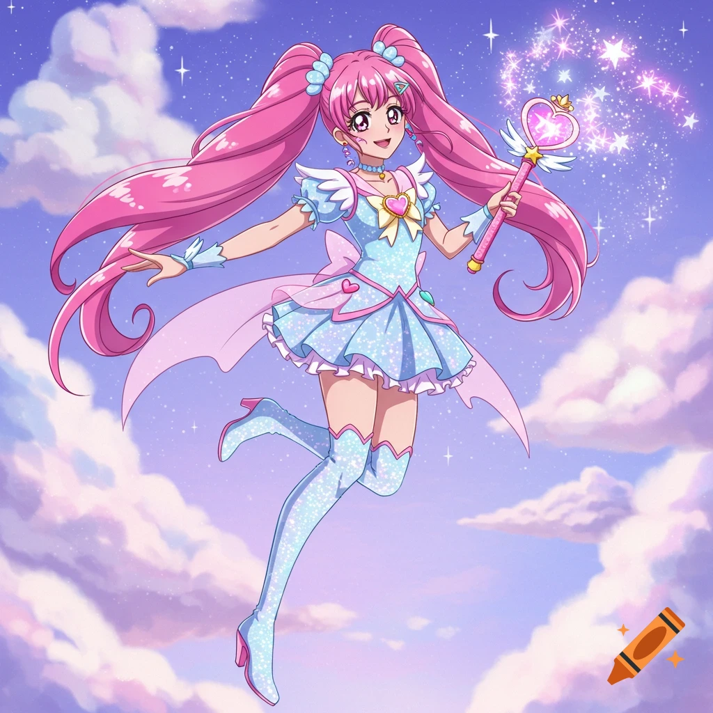 Anime magical girl with pink pigtails and sparkly blue dress flying in a cloudy sky with a magic wand.