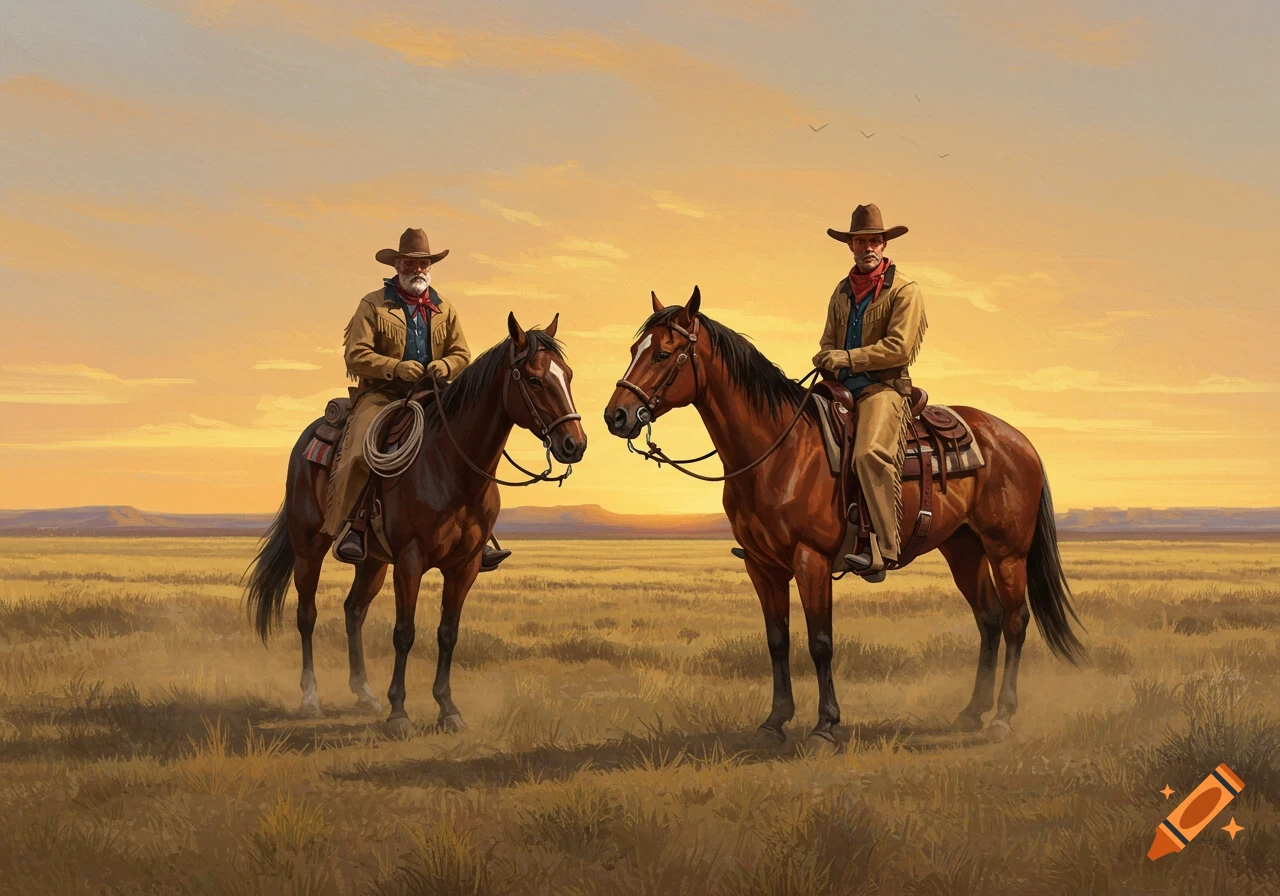 Two cowboys on horses in a dry, grassy landscape at sunset, painterly style.