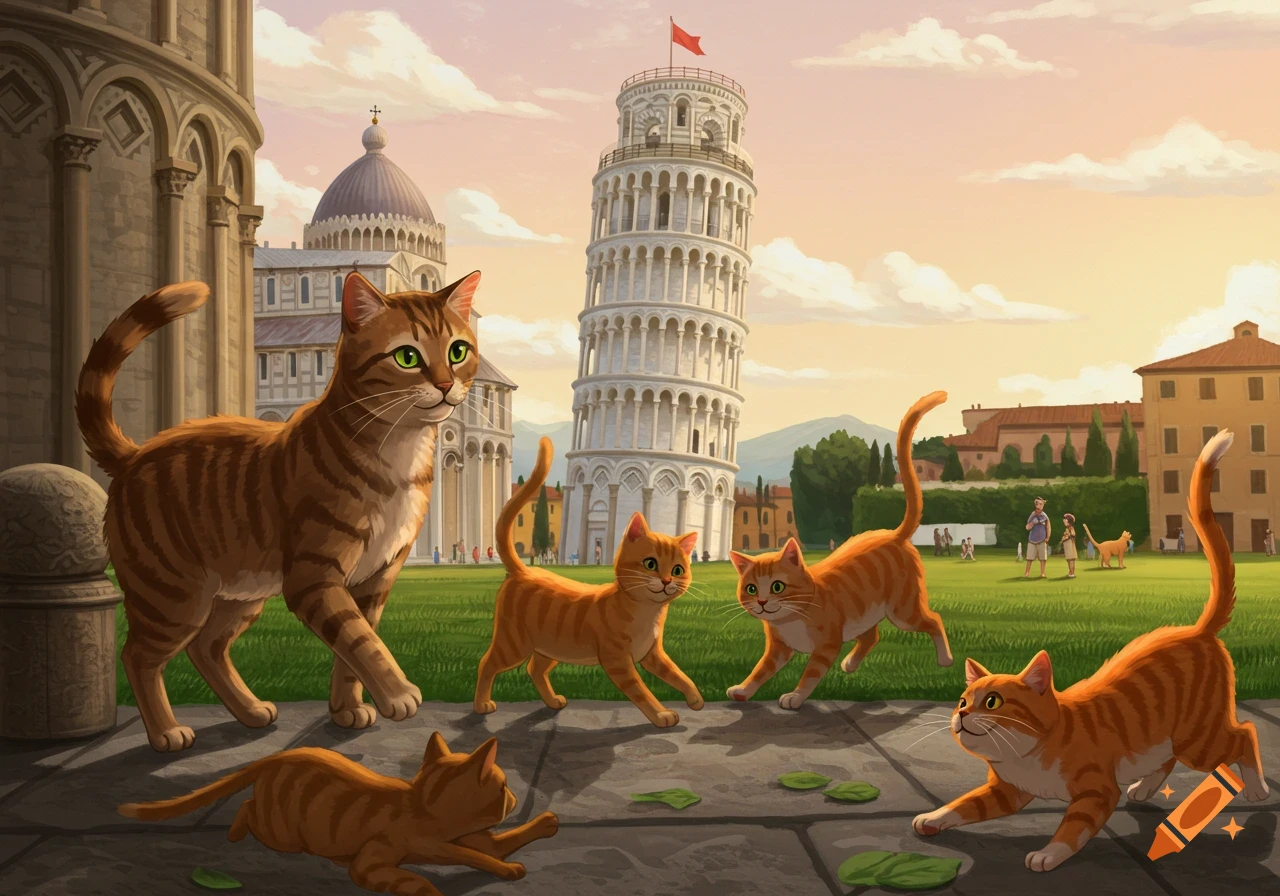 Several ginger and tabby cats playing near the Leaning Tower of Pisa.