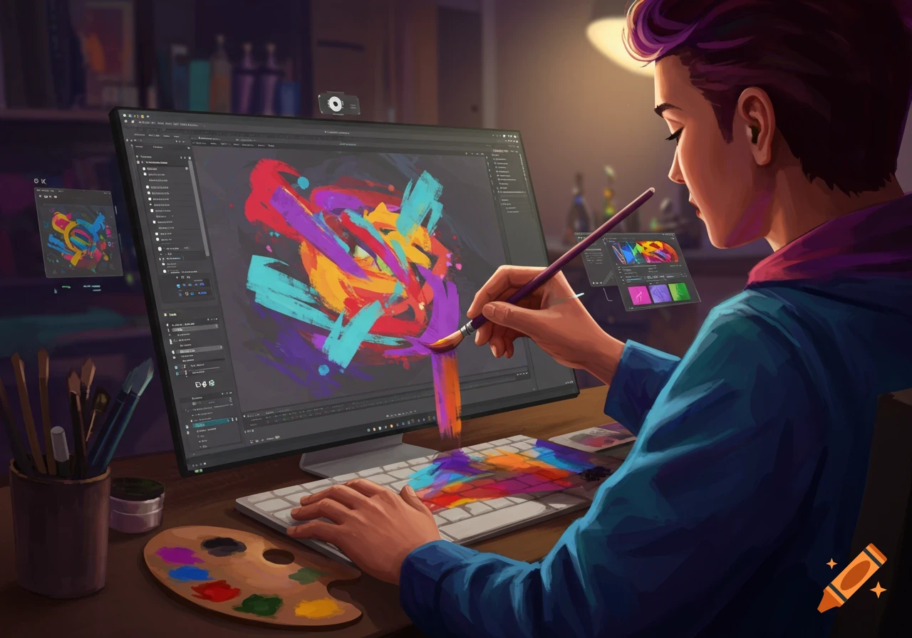 Illustration of an artist painting colorful strokes on a computer screen using a digital brush, with a palette and keyboard nearby.