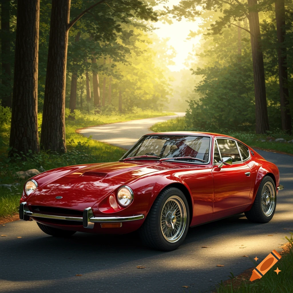 Red classic sports car on a winding road through a sunlit forest.