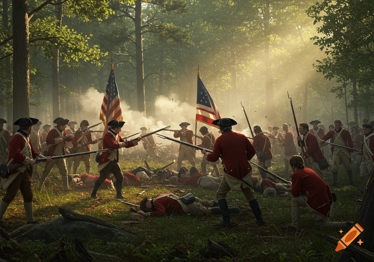 A photorealistic depiction of a Revolutionary War battle in a forest, with soldiers firing muskets and casualties.