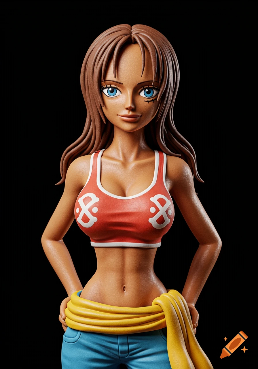 A clay-like figure of a young woman in an anime style, wearing a red crop top and blue pants.