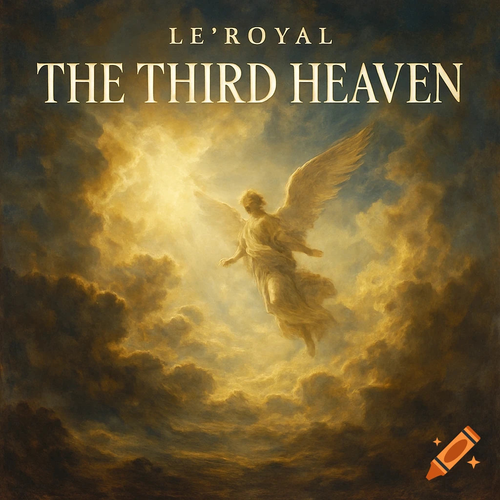 A classical painting of an angel flying through golden clouds with text at the top.