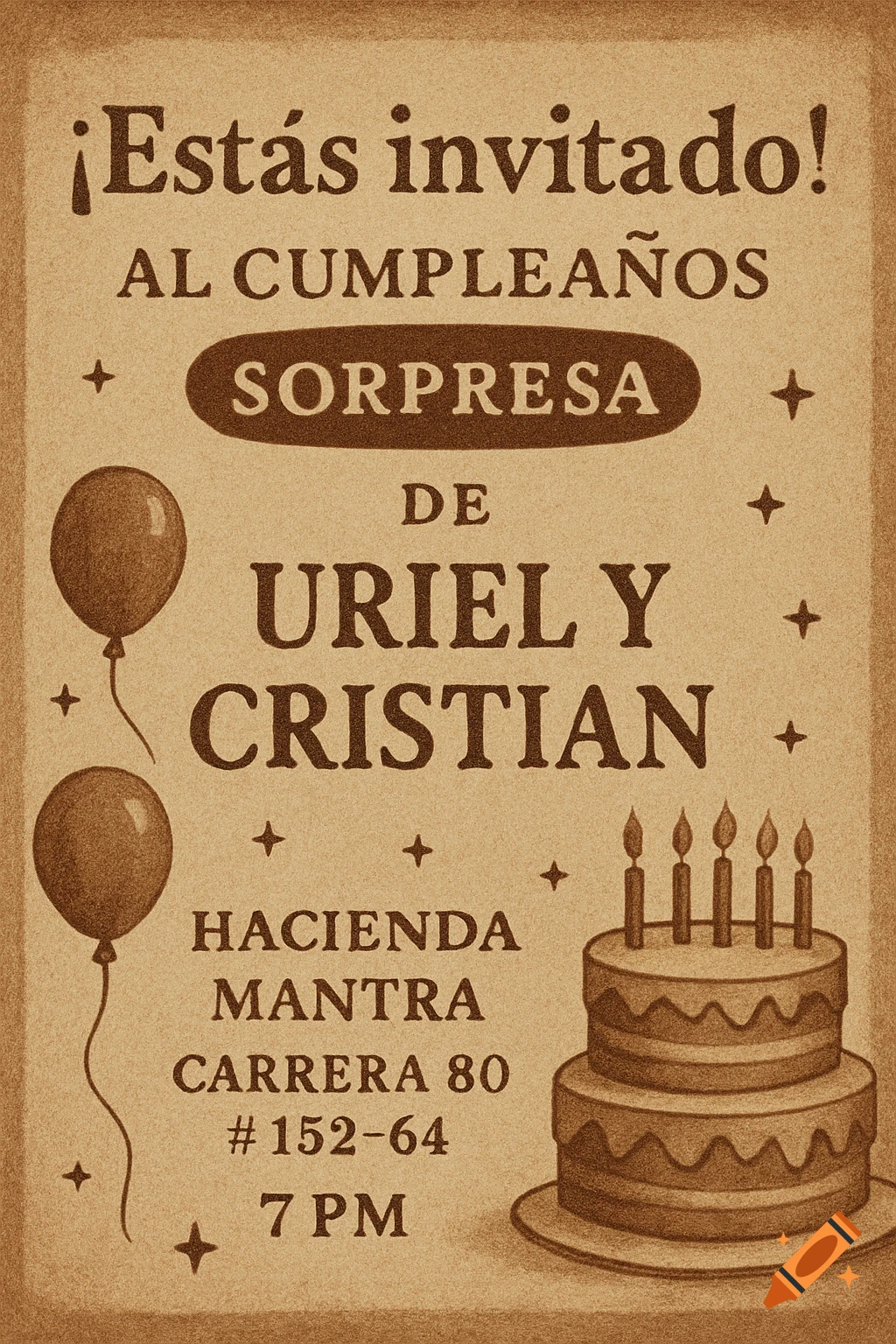 Vintage style birthday invitation with text, balloons, and a cake.