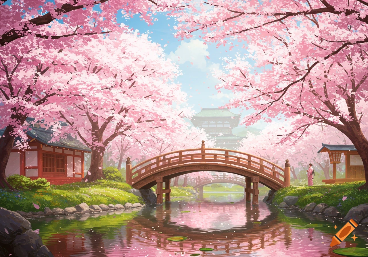 Anime style landscape of a river flowing under a bridge, surrounded by blooming pink cherry blossom trees with traditional Japanese buildings in the background.