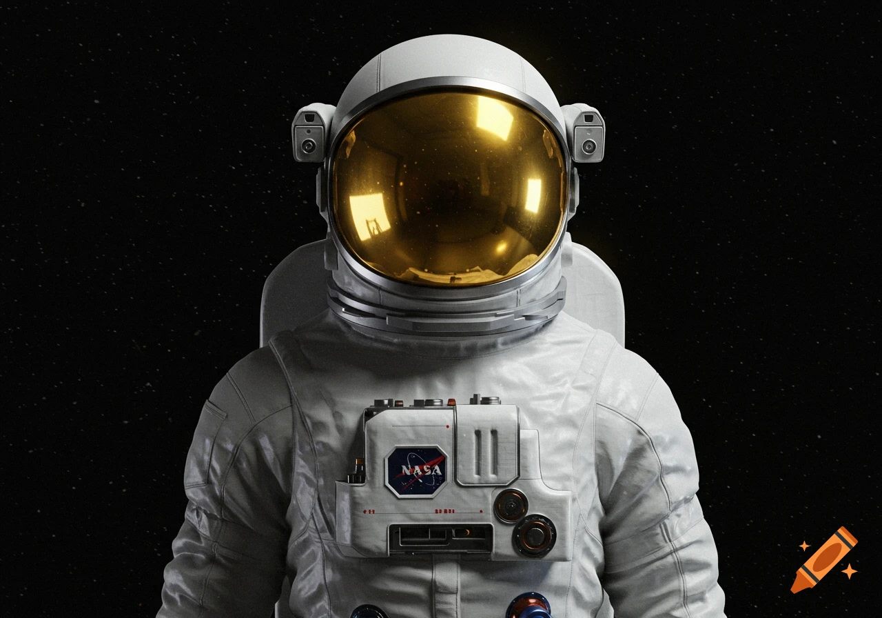 Hyper-realistic astronaut in a white NASA spacesuit with a gold visor ...