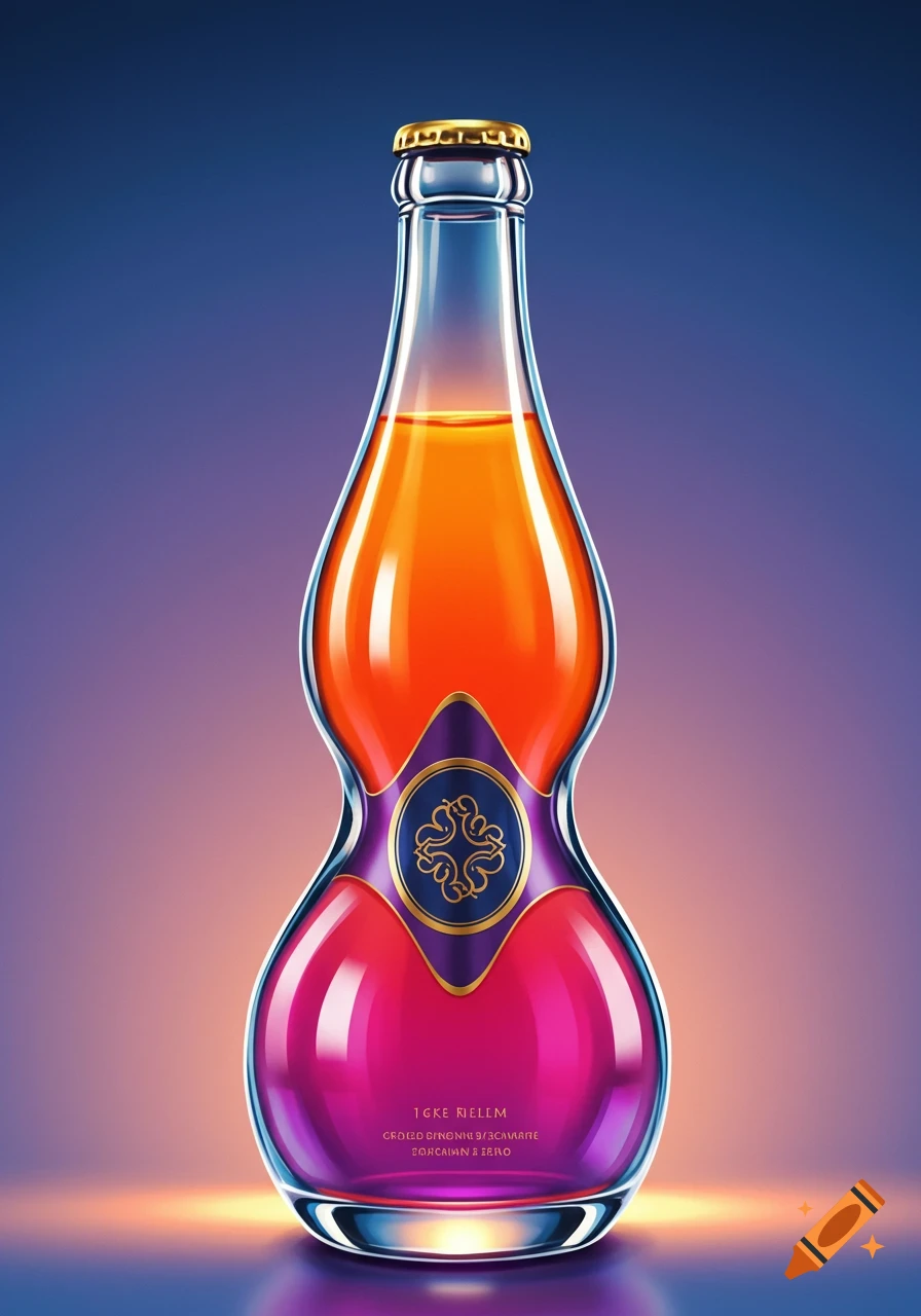 Creative, luxurious glass bottle with orange and pink liquid and purple label on a gradient background.