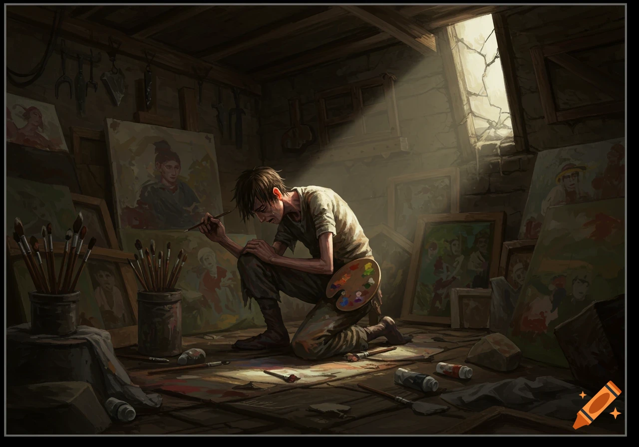 Decrepit young artist painting in a dark, messy studio.