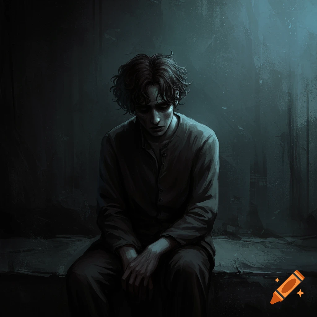 Dark digital painting of a person sitting alone, head down, looking sad.