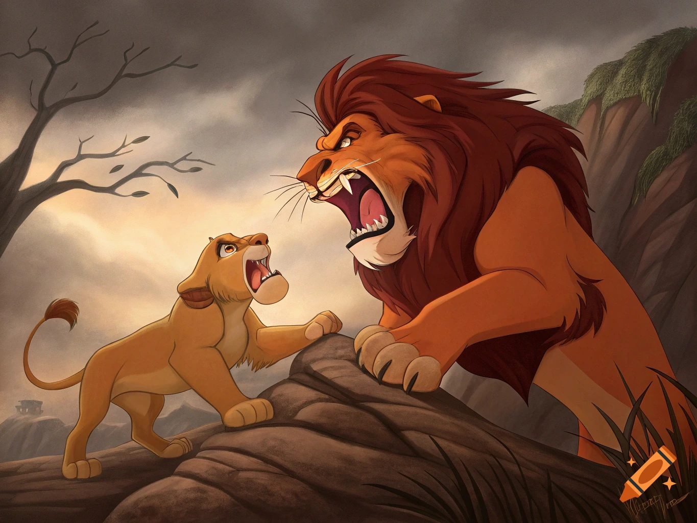 Animated illustration of two lions roaring at each other on rocks. on ...