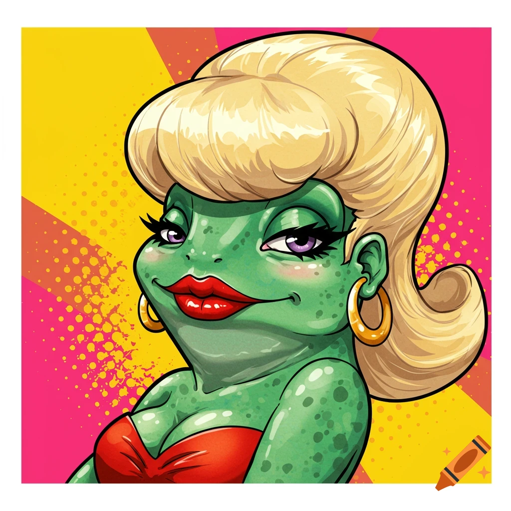 Cartoon frog woman with blonde hair and red dress in pop art style