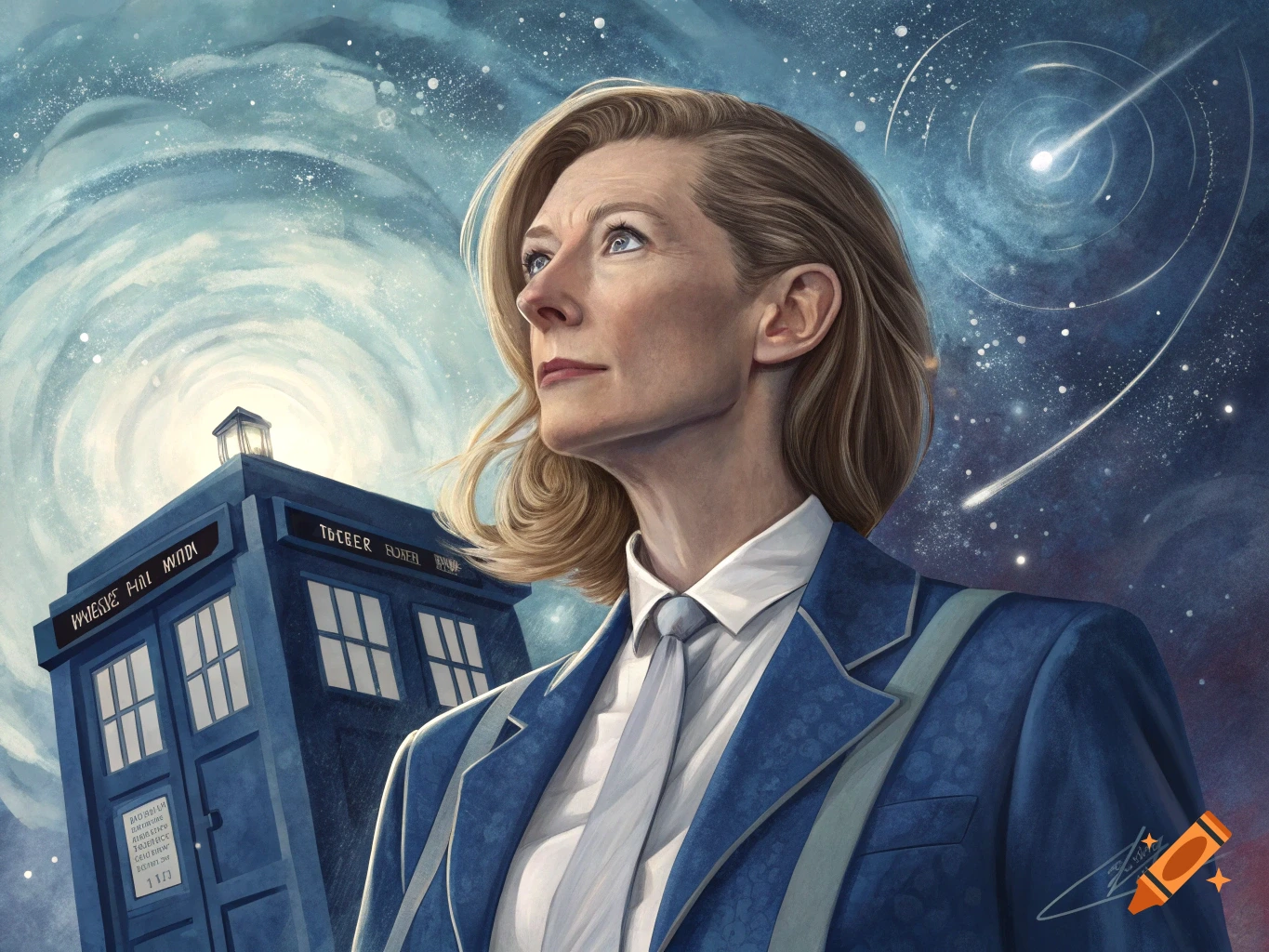 A woman resembling Tilda Swinton in front of a blue police box (TARDIS) against a starry space background. Painted style.