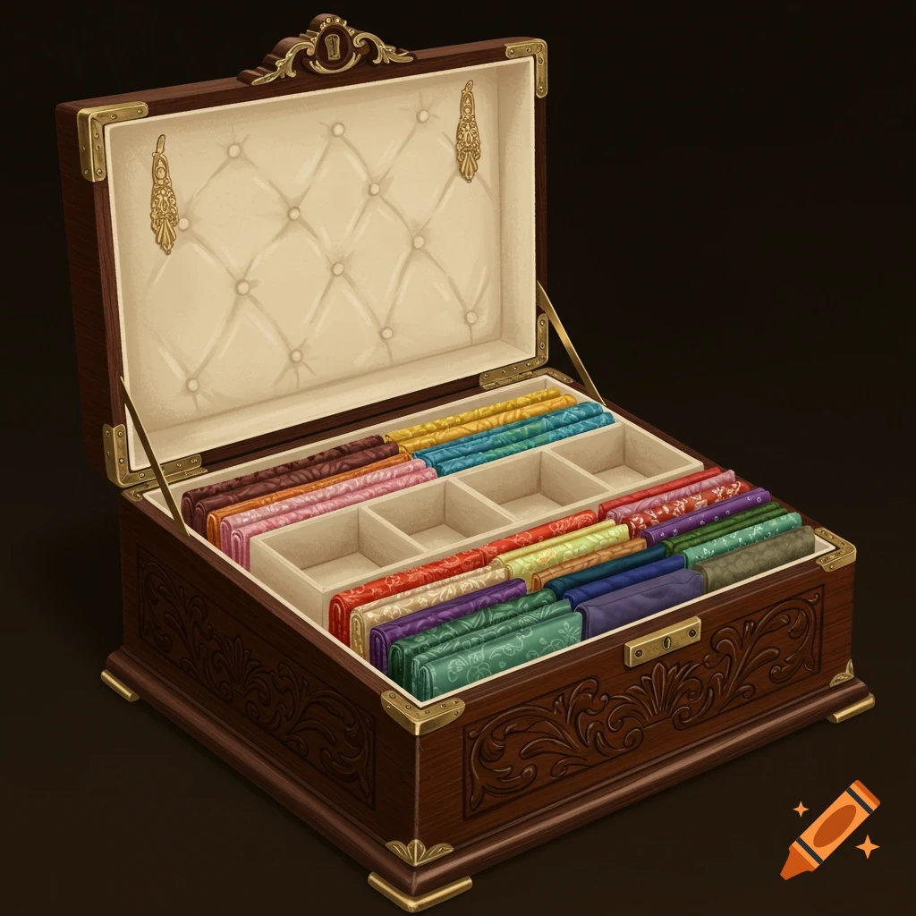 An open wooden box filled with colorful fabric pieces in compartments.