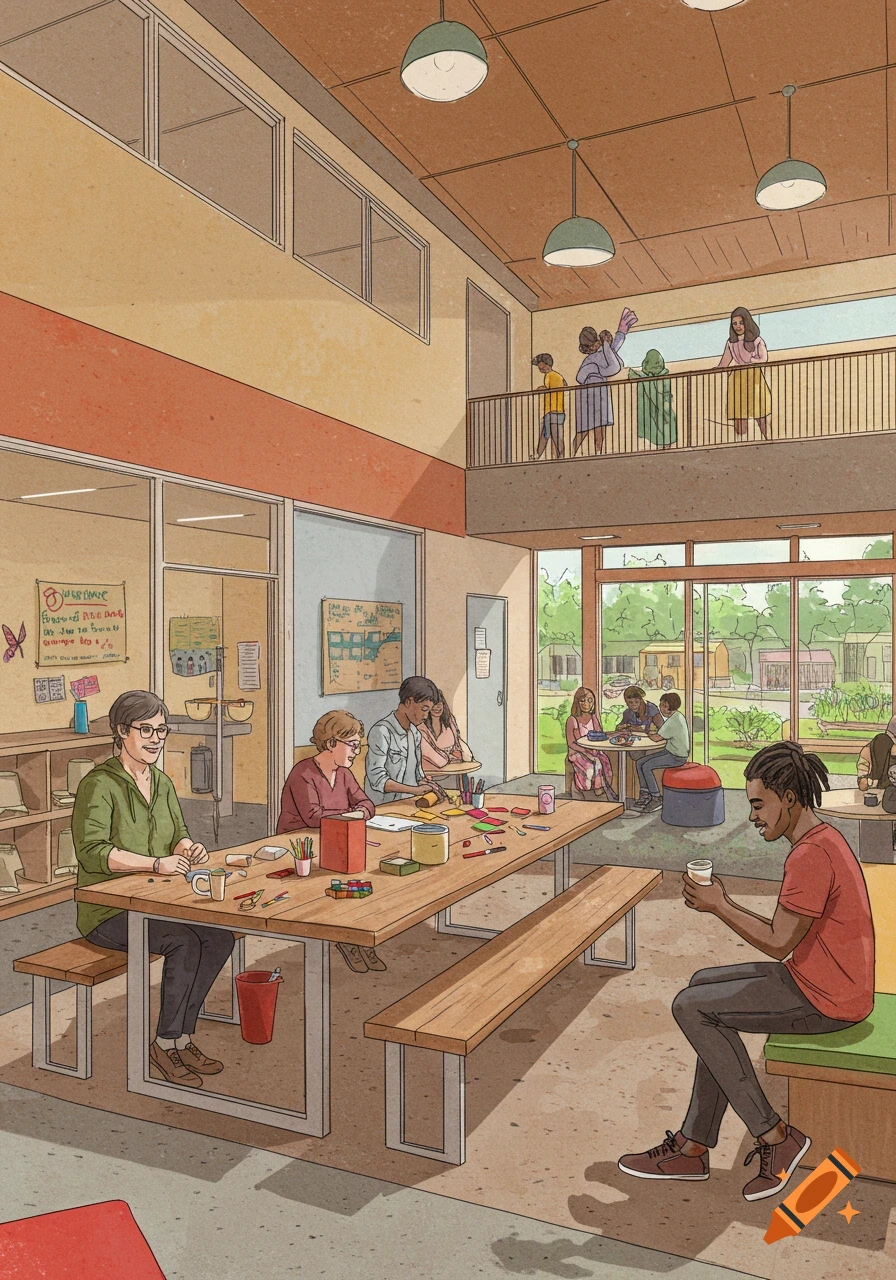 People of different ages in a bright community center, some crafting, others socializing. Illustration style.