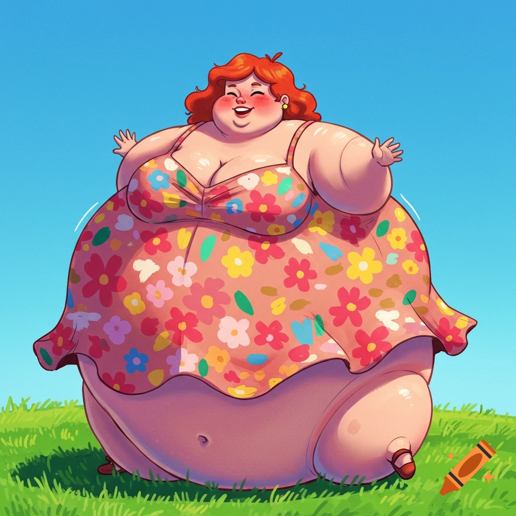 Cartoon illustration of a very large, smiling woman in a floral dress standing in a grassy field with arms outstretched.