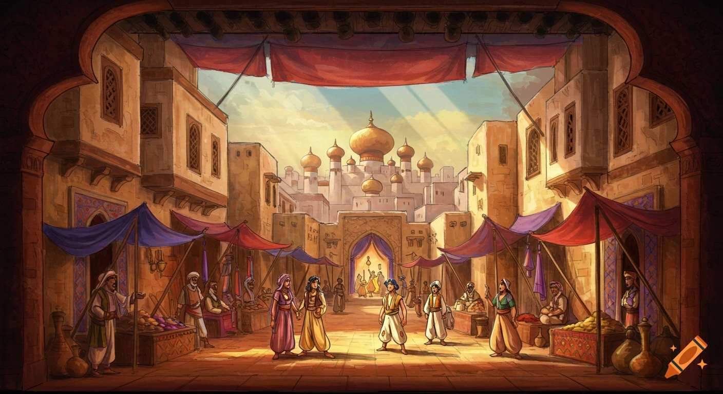 Illustrative fantasy marketplace scene framed like a theatre stage, with vendors, people, buildings, and a distant palace.