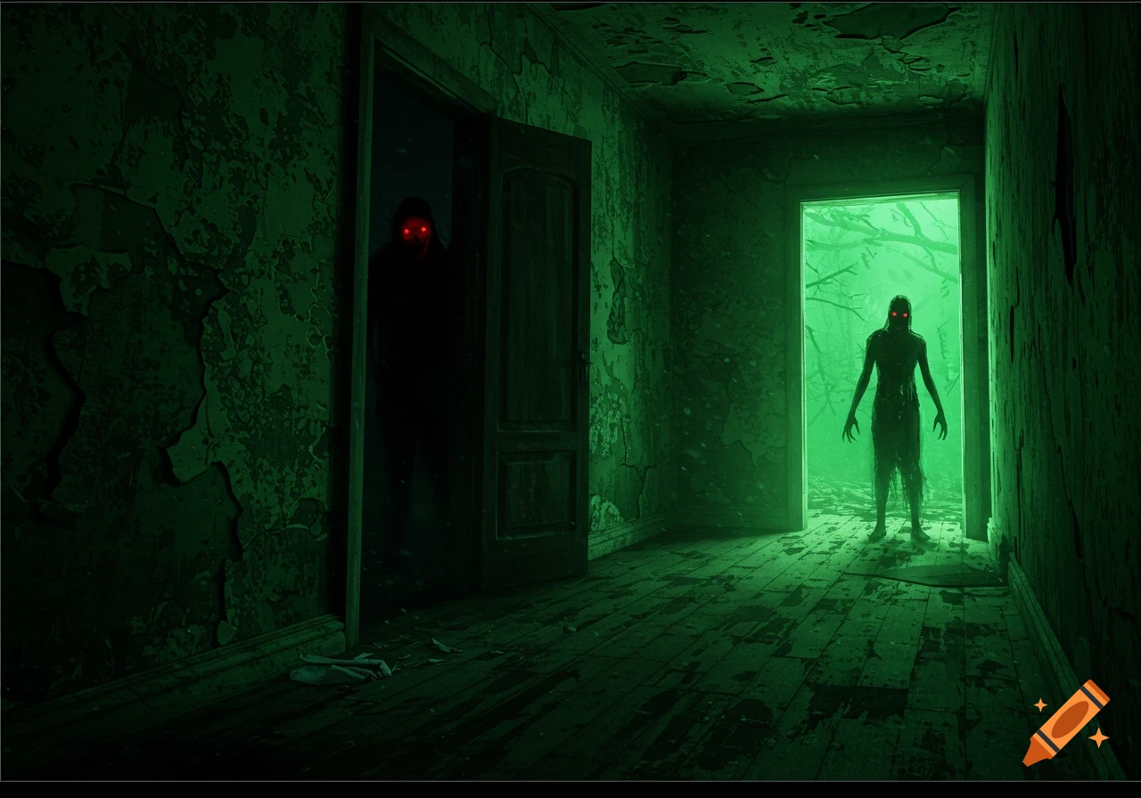Shadowy monsters with red eyes in a creepy, green-lit abandoned hallway.
