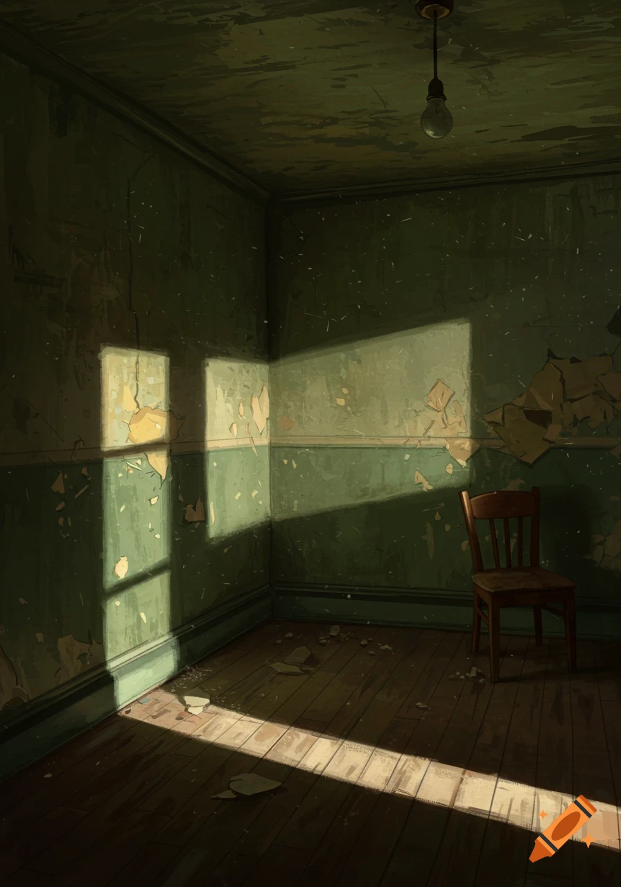 An empty, dilapidated room with green peeling paint, a chair, and sunlight streaming through windows.