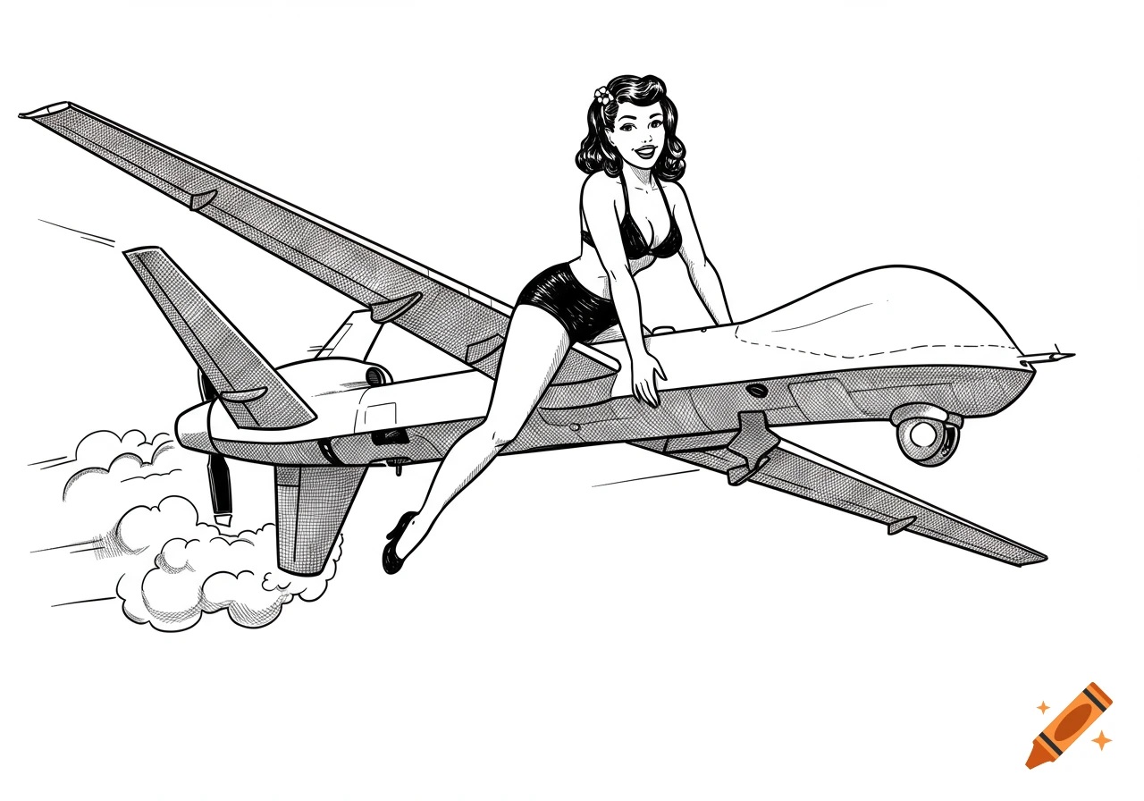 Black and white 1950s style pin-up illustration of a girl in a bikini riding a drone.