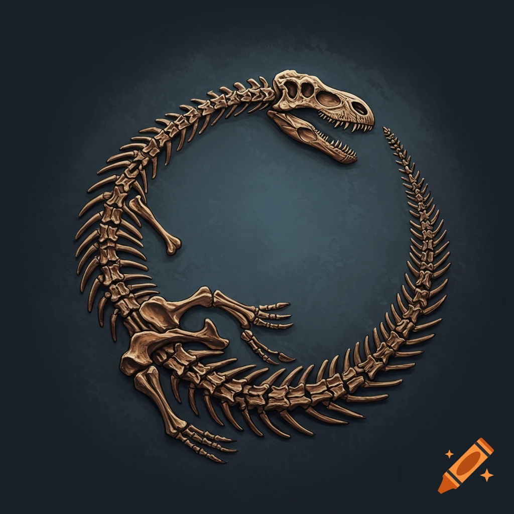 Illustration of a dinosaur fossil skeleton forming an ouroboros ring against a dark blue background.