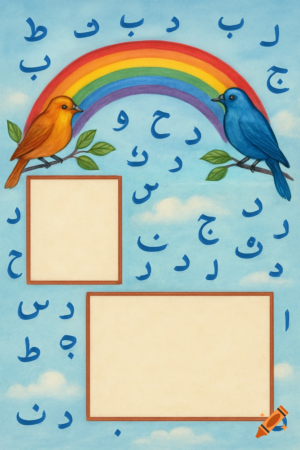 Two birds perched below a rainbow on a blue background with scattered alphabet characters and empty frames. Illustration style.